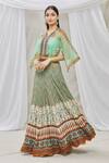 Ankur J_Green Cotton Silk Mag Print Lehenga With Embroidered Cape_Online_at_Aza_Fashions