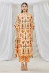 Buy_Ankur J_Peach Cotton Silk Embroidery Sequins V Neck Embellished Kaftan With Pant _Online_at_Aza_Fashions
