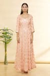 Shop_Rohini Bedi_Peach Art Georgette Embroidered Sequin Leaf Neck Anarkali Set _Online_at_Aza_Fashions