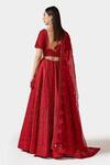 Shop_Swati Narula_Red Organza And Net Embroidery Crystals Leaf Shaizen Bridal Lehenga Set  _at_Aza_Fashions