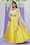 Buy_Sonal & Ekta_Yellow Lehenga Taffeta Printed Floral Embroidered Cape Set  _at_Aza_Fashions