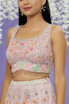 Shop_Sonal & Ekta_Pink Net Aari Work Sequin Square Neck Floral Embroidered Lehenga Set _Online_at_Aza_Fashions