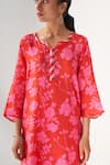 Shop_Negra Elegante_Pink Cotton Silk Printed Floral Notched Round Neck Faded Rose Kurta And Pant Set _Online_at_Aza_Fashions