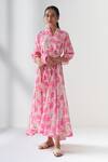 Buy_Negra Elegante_Pink Cotton Silk Floral Mandarin Collar Lovestruck Print Dress_at_Aza_Fashions