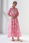 Negra Elegante_Pink Cotton Silk Floral Mandarin Collar Lovestruck Print Dress_Online_at_Aza_Fashions