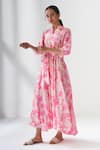 Buy_Negra Elegante_Pink Cotton Silk Floral Mandarin Collar Lovestruck Print Dress_Online_at_Aza_Fashions