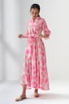 Shop_Negra Elegante_Pink Cotton Silk Floral Mandarin Collar Lovestruck Print Dress_Online_at_Aza_Fashions