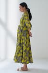 Negra Elegante_Grey Cotton Silk Floral Mandarin Collar Lovestruck Print Dress _Online_at_Aza_Fashions