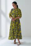 Buy_Negra Elegante_Grey Cotton Silk Floral Mandarin Collar Lovestruck Print Dress _Online_at_Aza_Fashions