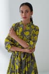 Shop_Negra Elegante_Grey Cotton Silk Floral Mandarin Collar Lovestruck Print Dress _Online_at_Aza_Fashions