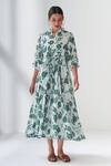 Buy_Negra Elegante_Green Cotton Silk Floral Mandarin Collar Lovestruck Print Dress _at_Aza_Fashions