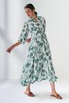 Negra Elegante_Green Cotton Silk Floral Mandarin Collar Lovestruck Print Dress _Online_at_Aza_Fashions