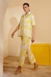 Zosia_Yellow Luxury Crepe Floral Motifs Collared Neck Print Pant Set _Online_at_Aza_Fashions