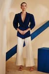 Buy_Zosia_Blue Luxury Heavy Crepe Solid Lapel Collar Puff Sleeve Blazer And Flared Pant Set _at_Aza_Fashions