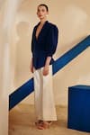 Zosia_Blue Luxury Heavy Crepe Solid Lapel Collar Puff Sleeve Blazer And Flared Pant Set _Online_at_Aza_Fashions