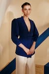 Buy_Zosia_Blue Luxury Heavy Crepe Solid Lapel Collar Puff Sleeve Blazer And Flared Pant Set _Online_at_Aza_Fashions