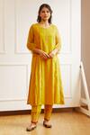 Shop_Juanita by Shubhda_Yellow Chanderi Embellished Dabka Round Kurta Set_at_Aza_Fashions