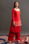 Shop Kavitha Gutta Red Kurta Rawsilk Shararageorgette Floral Samantha And Layered Sharara Set at Aza Fashions Shop_Kavitha Gutta_Red Kurta Rawsilk Shararageorgette Floral Samantha And Layered Sharara Set _at_Aza_Fashions