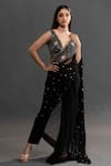 Buy_Kavitha Gutta_Black Pant And Blouse Raw Silk Embroidered Floral Plunge V Saree With Neck _at_Aza_Fashions