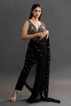 Shop_Kavitha Gutta_Black Pant And Blouse Raw Silk Embroidered Floral Plunge V Saree With Neck _at_Aza_Fashions