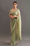 Shop_Kavitha Gutta_Green Silk Embroidered Floral V Neck Chloe Saree With Blouse _at_Aza_Fashions