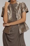 Chhaya Mehrotra_Grey Jacket Banarasi Brocade Woven Floral Round With Draped Dress  _Online_at_Aza_Fashions