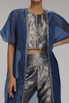 Chhaya Mehrotra_Blue Cape Organza, Crop Top, Pant Banarasi Brocade Embellished And Set _Online_at_Aza_Fashions