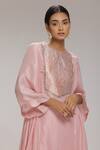 Chhaya Mehrotra_Pink Satin Brocade Circle V Neck Embellished Kaftan _Online_at_Aza_Fashions