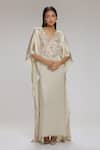 Buy_Chhaya Mehrotra_Cream Satin Brocade Embellished Circle V Neck Kaftan  _at_Aza_Fashions