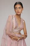 Chhaya Mehrotra_Pink Blouse Brocade, Dupatta Organza, Lehenga Satin Floral V Neck Set _Online_at_Aza_Fashions