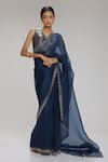 Buy_Chhaya Mehrotra_Blue Saree Organza Embellished Rhinestone V Neck With Blouse  _at_Aza_Fashions