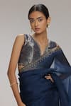 Buy_Chhaya Mehrotra_Blue Saree Organza Embellished Rhinestone V Neck With Blouse  _Online_at_Aza_Fashions