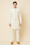 Shop_Spring Break_White Polyester Cotton Lucknowi Embroidered Sherwani Set_Online_at_Aza_Fashions
