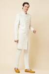 Spring Break_White Polyester Cotton Embroidered Sherwani And Churidar Set_Online_at_Aza_Fashions