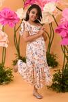Littleens_Peach Satin Grandiose Blossom Floral Print Dress _Online_at_Aza_Fashions
