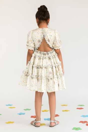 Shop_Littleens_Yellow Satin Ruffles Tawny Cascade Tiered Dress _at_Aza_Fashions
