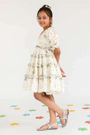 Littleens_Yellow Satin Ruffles Tawny Cascade Tiered Dress _Online_at_Aza_Fashions