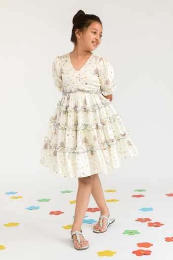 Buy_Littleens_Yellow Satin Ruffles Tawny Cascade Tiered Dress _Online_at_Aza_Fashions