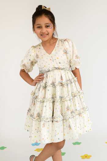 Shop_Littleens_Yellow Satin Ruffles Tawny Cascade Tiered Dress _Online_at_Aza_Fashions