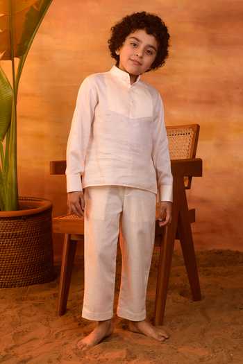 Buy_Littleens_Peach Cotton Satin Pecan Dribble Pintuck Shirt _at_Aza_Fashions