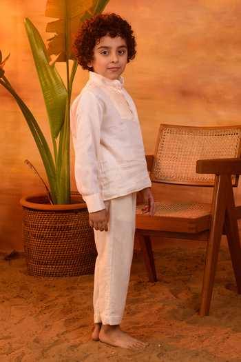 Littleens_Peach Cotton Satin Pecan Dribble Pintuck Shirt _Online_at_Aza_Fashions