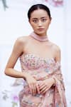 Shop_Archana Rao_Peach Satin Embroidered Floral High Neck Blouse _at_Aza_Fashions