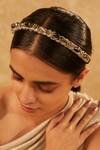Shop_Tarun Tahiliani_Gold Beads, Rhinestones Embellished Braided Headband_at_Aza_Fashions