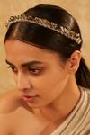 Tarun Tahiliani_Gold Beads, Rhinestones Embellished Braided Headband_at_Aza_Fashions