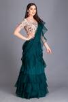 House Of Tushaom_Green Tulle And Silk Organza Sequin & Thread, Beads Pre-draped Saree With Blouse _Online_at_Aza_Fashions