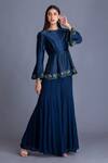 House Of Tushaom_Blue Chanderi Silk And Georgette Resham & Dabka Round Tunic & Palazzo Set _Online_at_Aza_Fashions