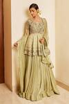 Buy_Awigna_Green Crepe Lining, Dupatta- Net, Peplum- Organza, Liana Pleated Lehenga Set_at_Aza_Fashions