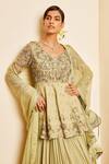 Shop_Awigna_Green Crepe Lining, Dupatta- Net, Peplum- Organza, Liana Pleated Lehenga Set_Online_at_Aza_Fashions