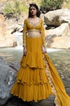 Buy_Paulmi and Harsh_Yellow Crepe Hand Embroidered Mirror V Neck Ruffle Layered Lehenga Set _at_Aza_Fashions