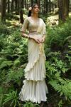 Paulmi And Harsh_Off White Georgette And Cotton Silk Resham Layered Pre-draped Saree With Blouse_Online_at_Aza_Fashions